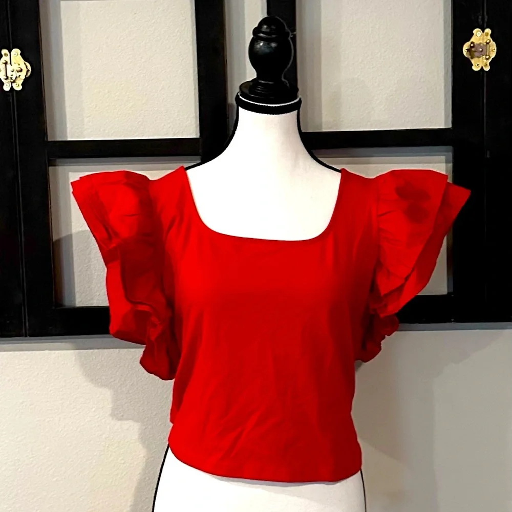 Elegant Red Ruffle Sleeve Top - Picture 1 of 2